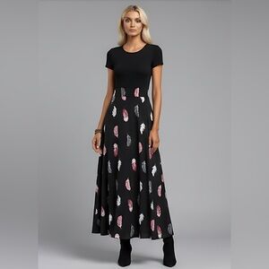 Black Printed Feather Patterned Dress